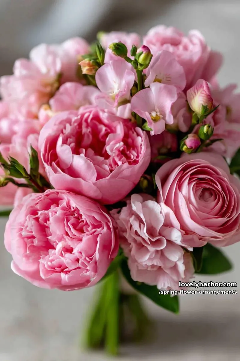 15 Spring Flower Arrangements That Will Warm Your Heart 11 monochrome blush pink bouquet with peonies, sweet peas, and roses 1