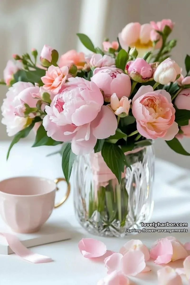 15 Spring Flower Arrangements That Will Warm Your Heart 12 monochrome blush pink bouquet with peonies, sweet peas, and roses 1