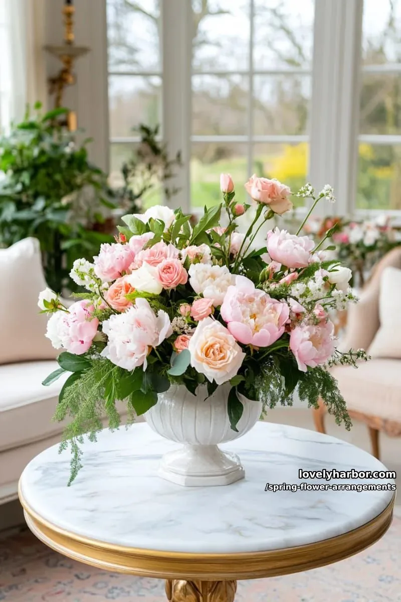 15 Spring Flower Arrangements That Will Warm Your Heart 13 monochrome blush pink bouquet with peonies, sweet peas, and roses 1