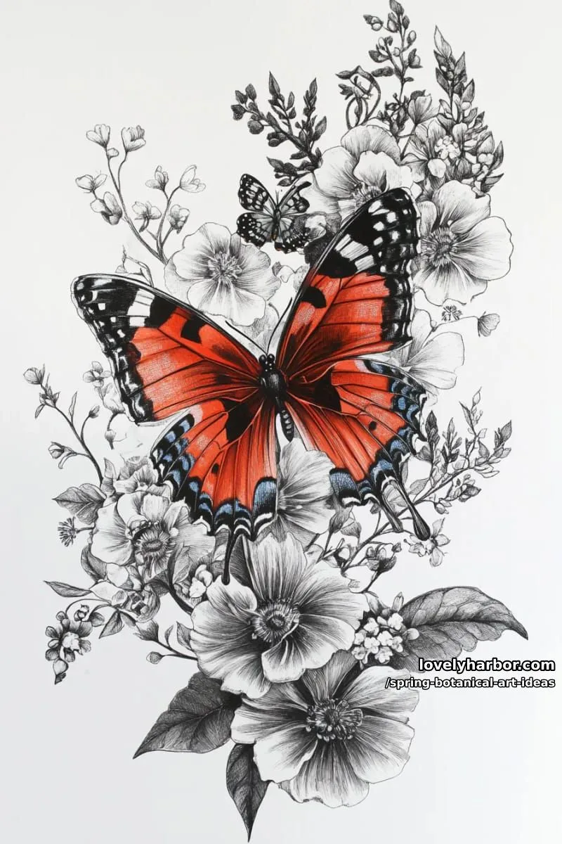 monochrome botanical sketch with a single vivid butterfly accent 1