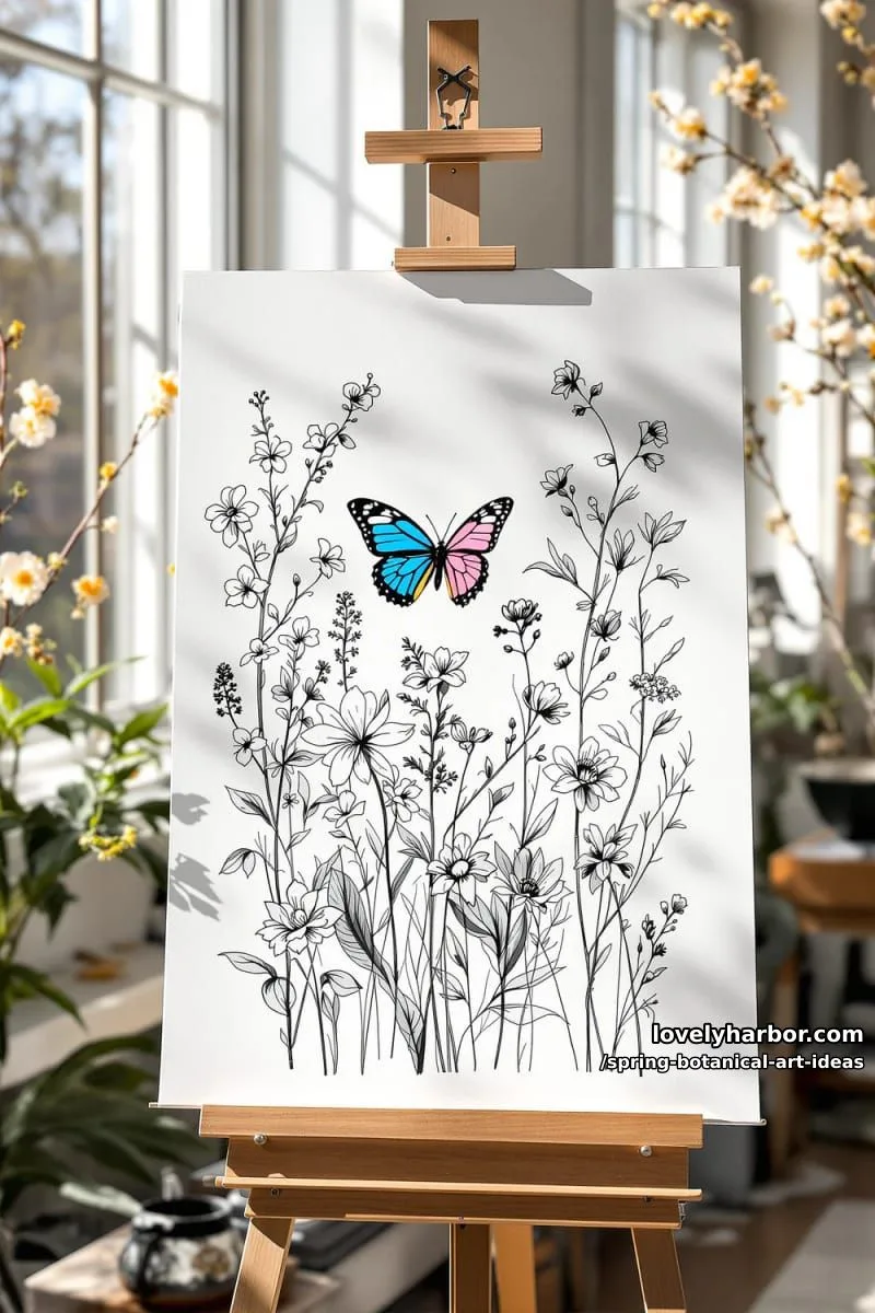 monochrome botanical sketch with a single vivid butterfly accent 1