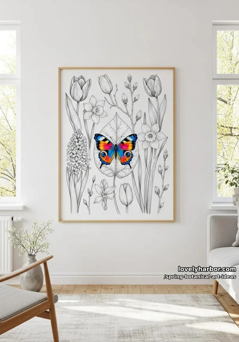monochrome botanical sketch with a single vivid butterfly accent 1