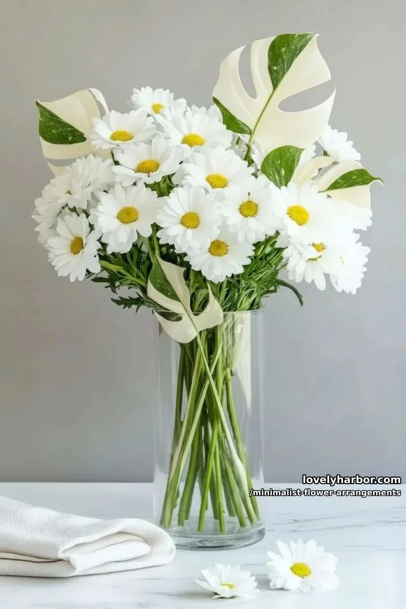 15 Chic Minimalist Flower Arrangements: Simple Designs with Huge Impact 29 monochrome bouquet of white daisies in transparent cylinder 1