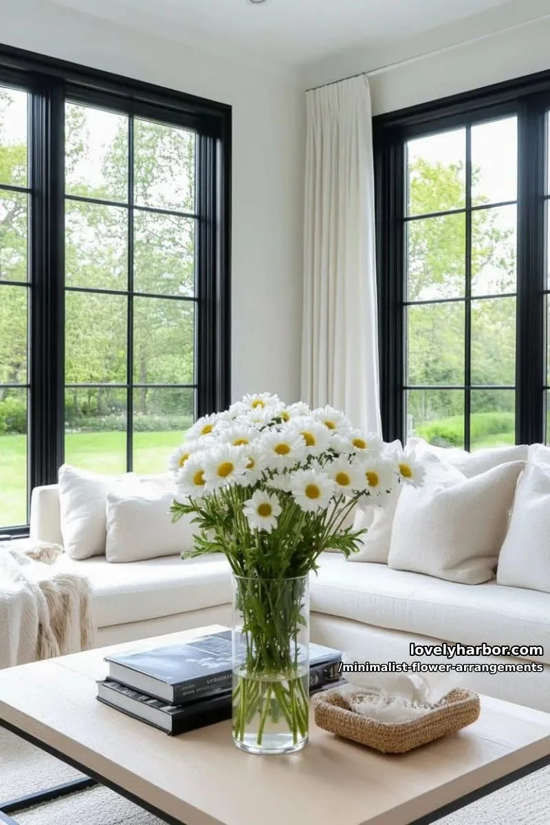 15 Chic Minimalist Flower Arrangements: Simple Designs with Huge Impact 30 monochrome bouquet of white daisies in transparent cylinder 1