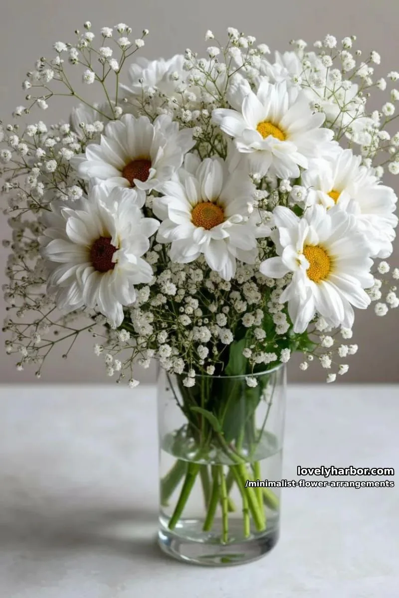 15 Chic Minimalist Flower Arrangements: Simple Designs with Huge Impact 31 monochrome bouquet of white daisies in transparent cylinder 1
