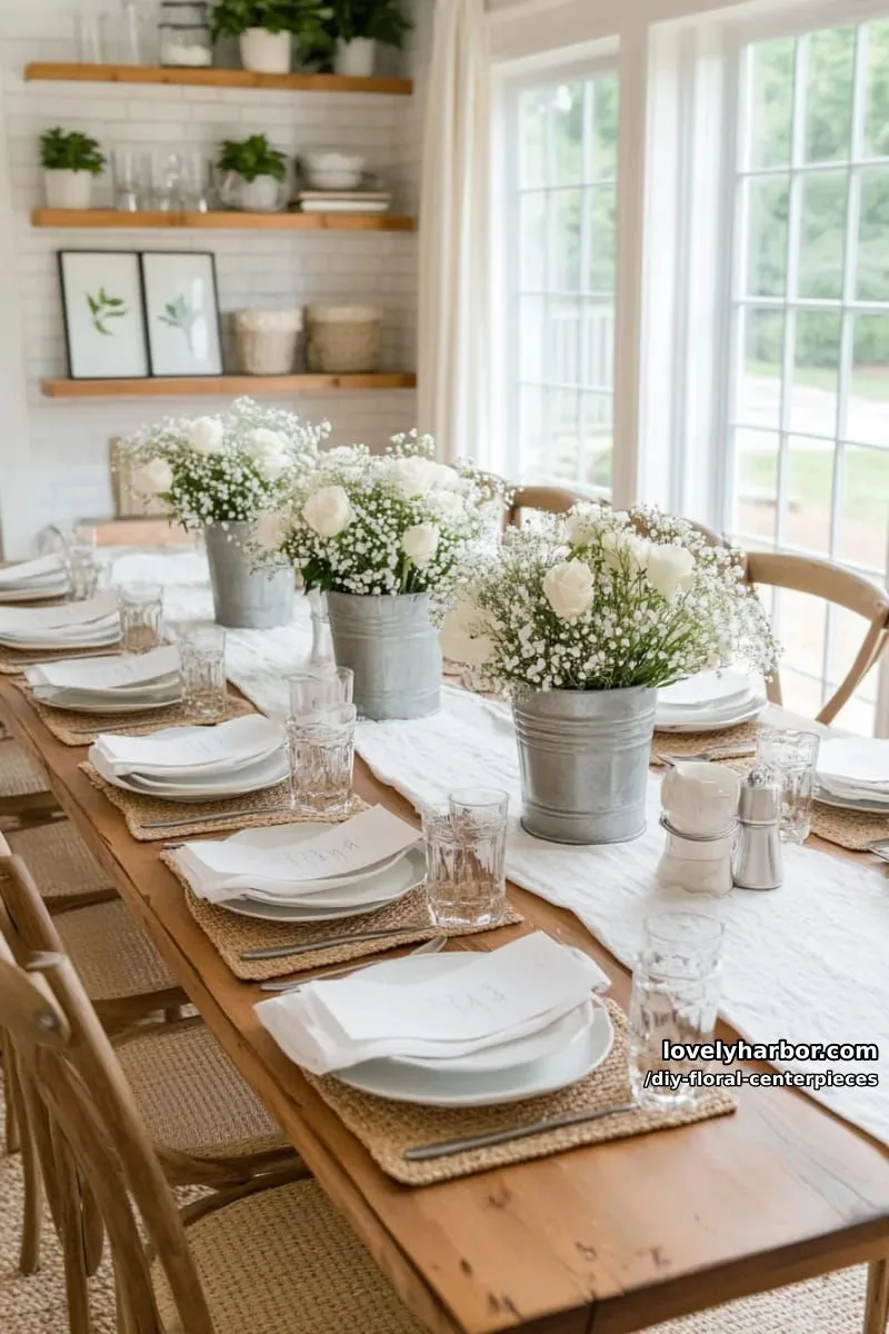 monochrome white roses and baby’s breath in metallic tin pails 1