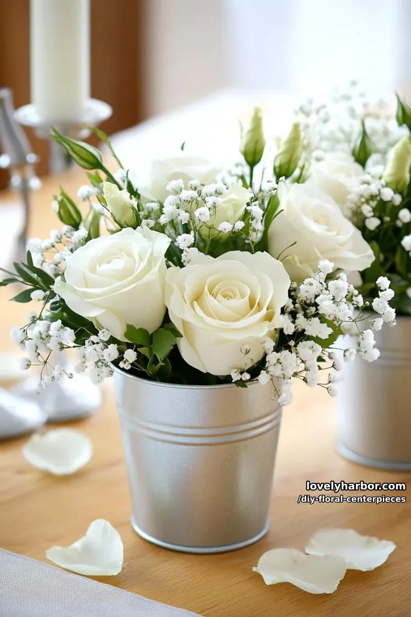 monochrome white roses and baby’s breath in metallic tin pails 1