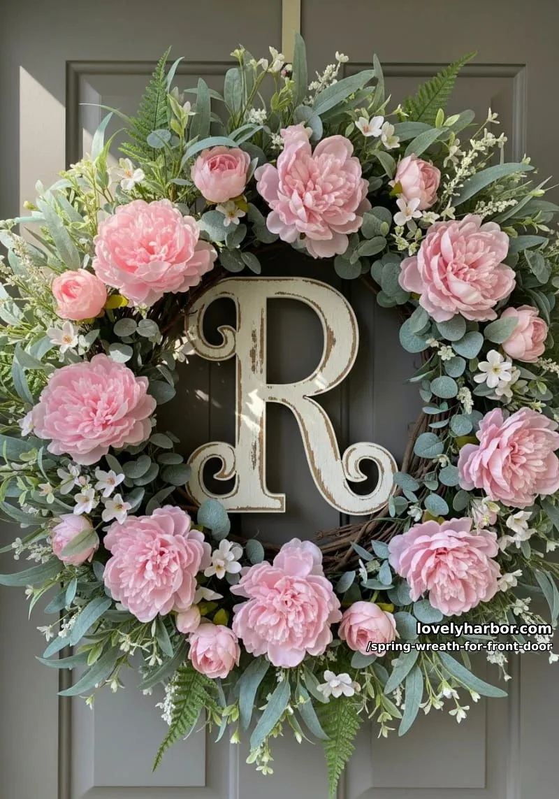 15 Unique Front Door Spring Wreaths for a Charming Entryway 25 monogram letter wreath surrounded by blush peonies and spring foliage 1