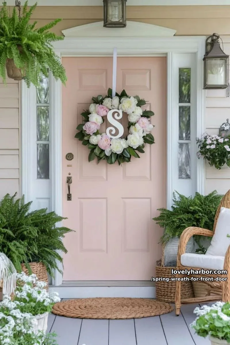 15 Unique Front Door Spring Wreaths for a Charming Entryway 26 monogram letter wreath surrounded by blush peonies and spring foliage 1