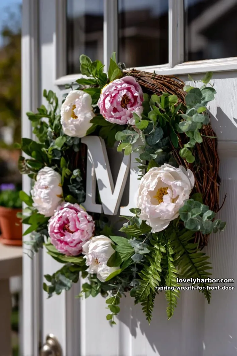 15 Unique Front Door Spring Wreaths for a Charming Entryway 27 monogram letter wreath surrounded by blush peonies and spring foliage 1