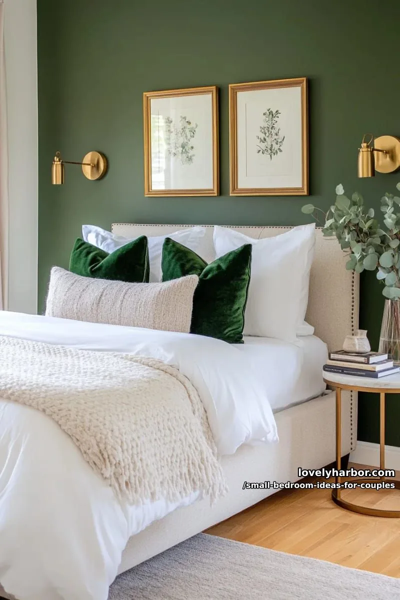 moody accent wall in deep green or navy with gold-framed art 1