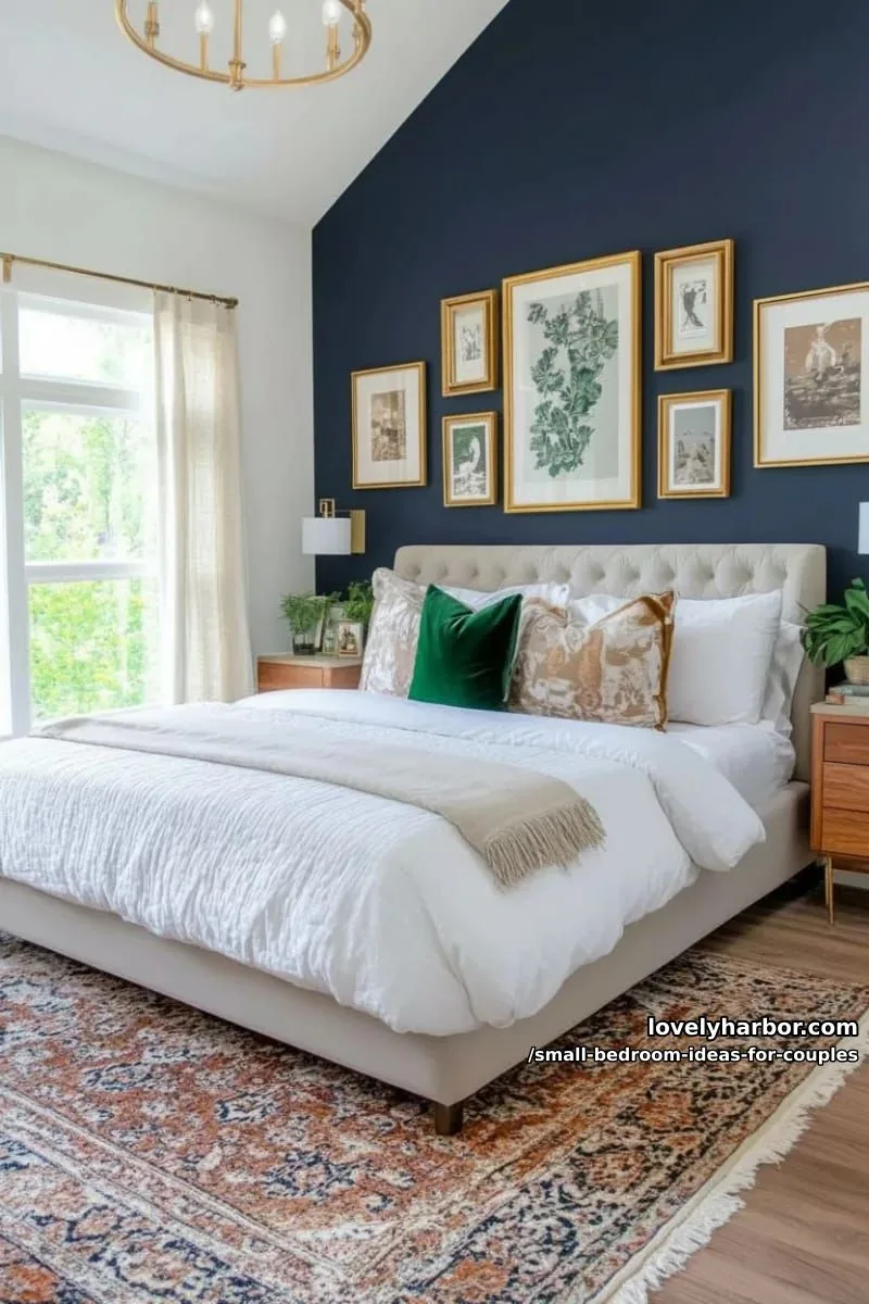 moody accent wall in deep green or navy with gold-framed art 1