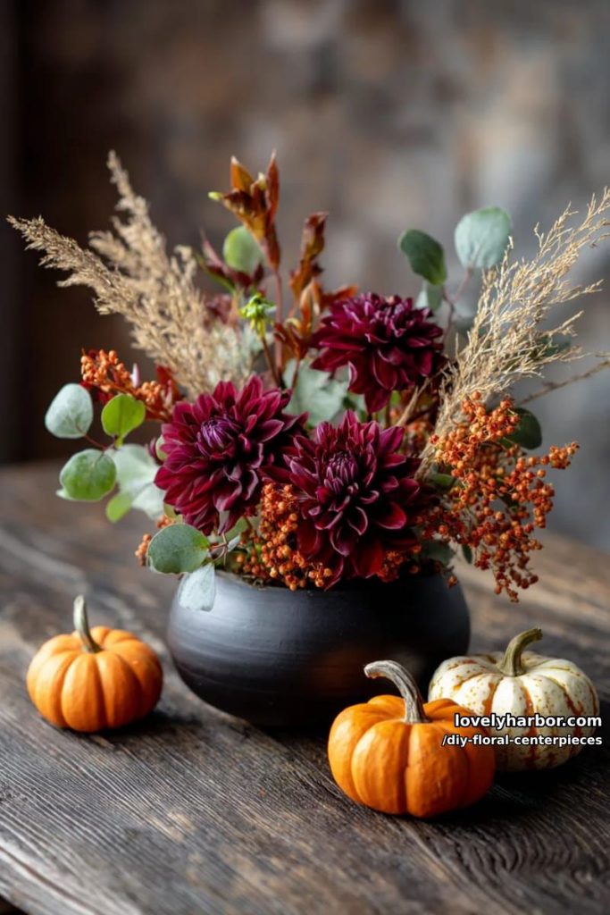 moody autumn centerpiece with burgundy dahlias and mini pumpkins 22