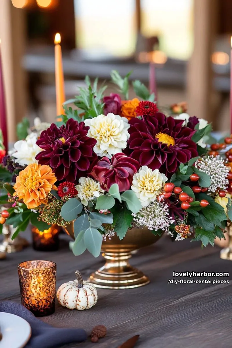 moody autumn centerpiece with burgundy dahlias and mini pumpkins 1