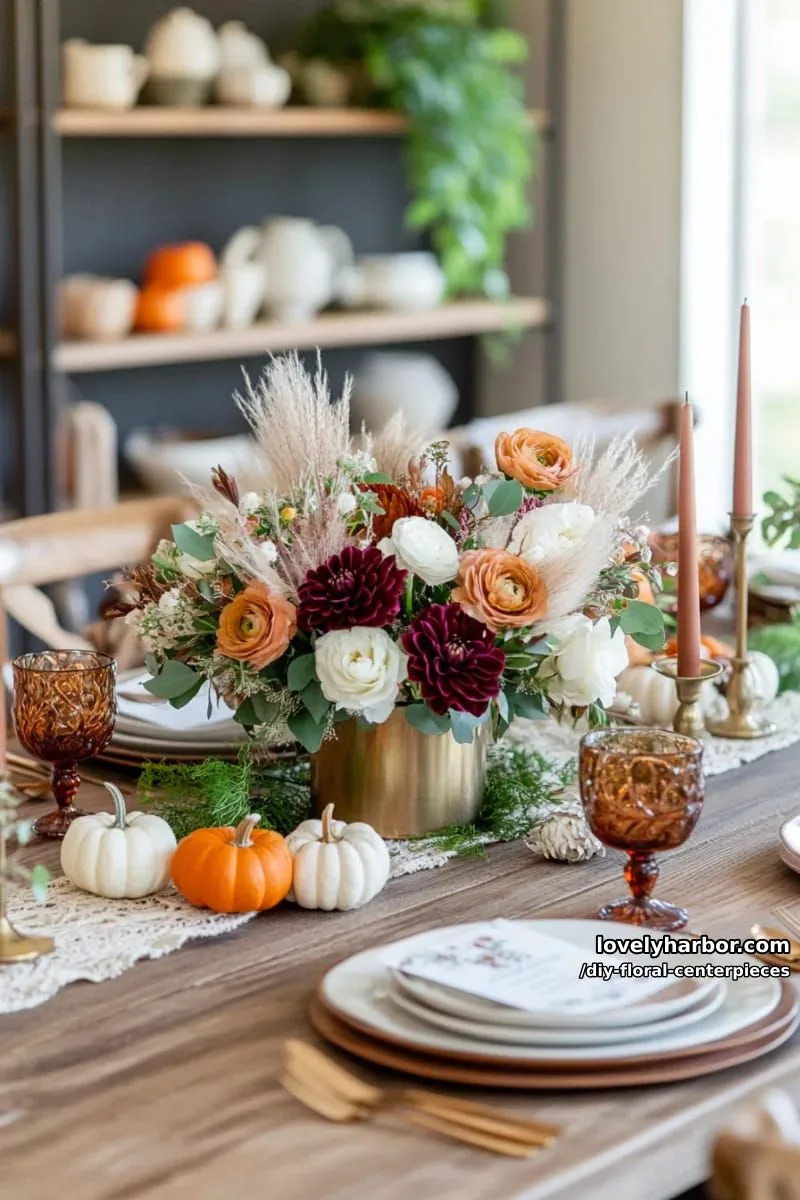 moody autumn centerpiece with burgundy dahlias and mini pumpkins 1