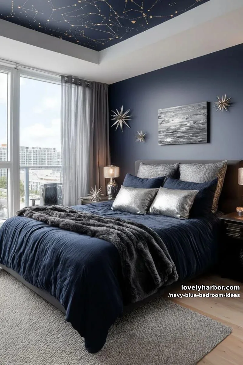 moody navy ceiling with metallic constellation decals for a cosmic vibe 1