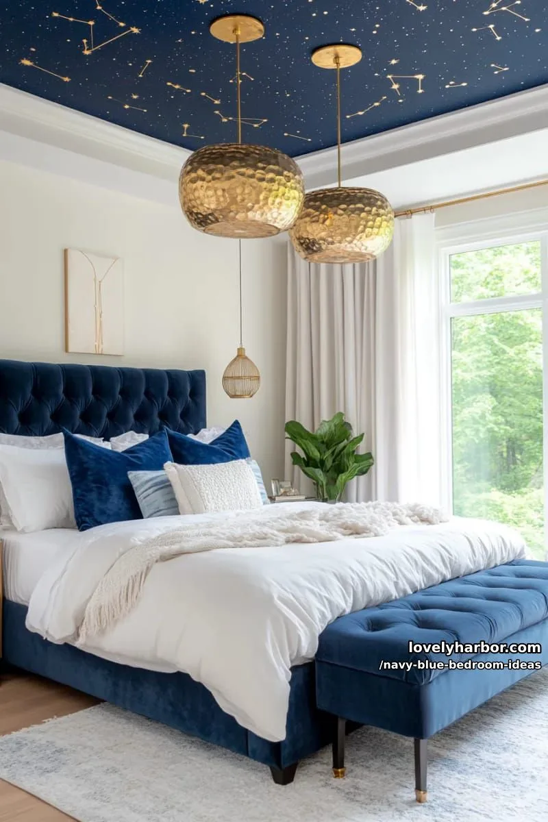 moody navy ceiling with metallic constellation decals for a cosmic vibe 1
