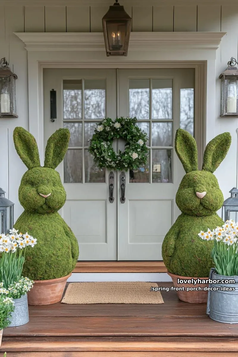 moss-covered bunny topiaries on either side of the entrance 1