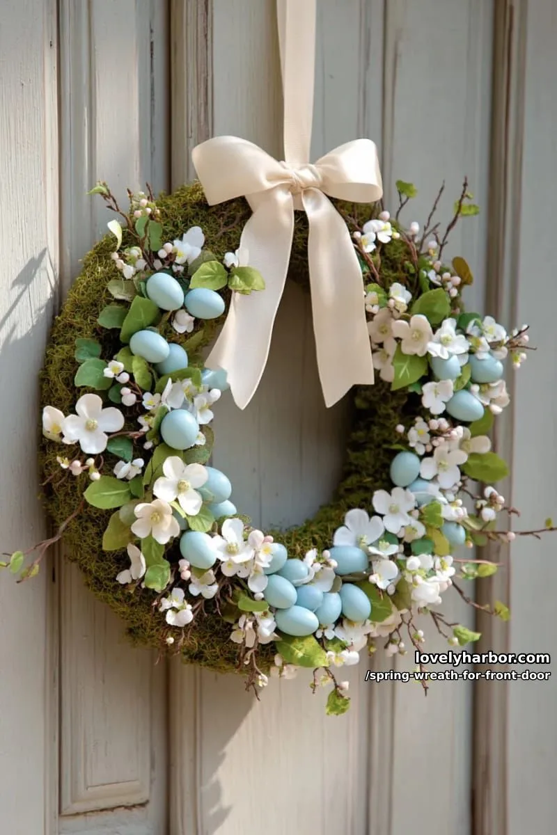 15 Unique Front Door Spring Wreaths for a Charming Entryway 13 moss-covered wreath dotted with faux robin eggs and white blossoms 1