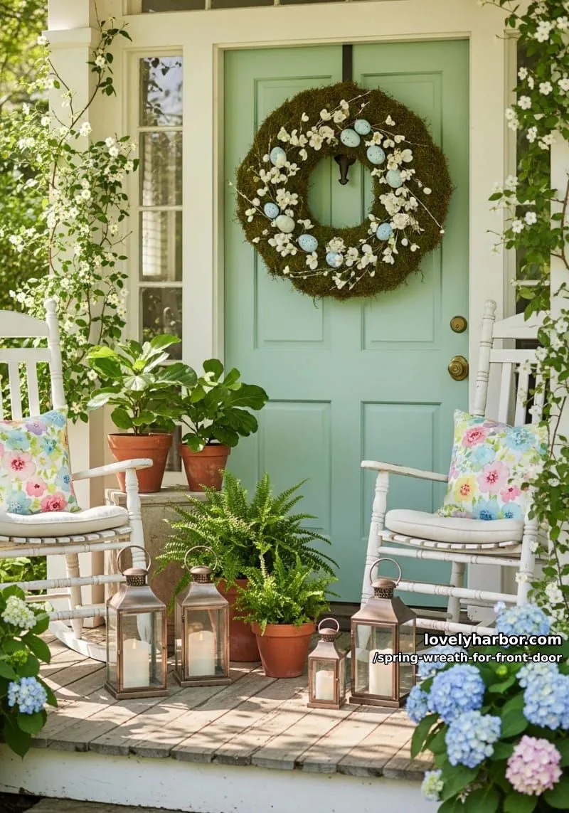 15 Unique Front Door Spring Wreaths for a Charming Entryway 14 moss-covered wreath dotted with faux robin eggs and white blossoms 1