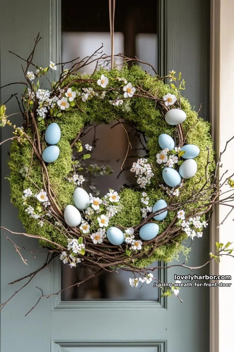 15 Unique Front Door Spring Wreaths for a Charming Entryway 15 moss-covered wreath dotted with faux robin eggs and white blossoms 1