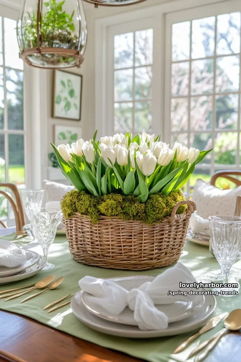 moss-filled baskets paired with white tulips on the dining table 1