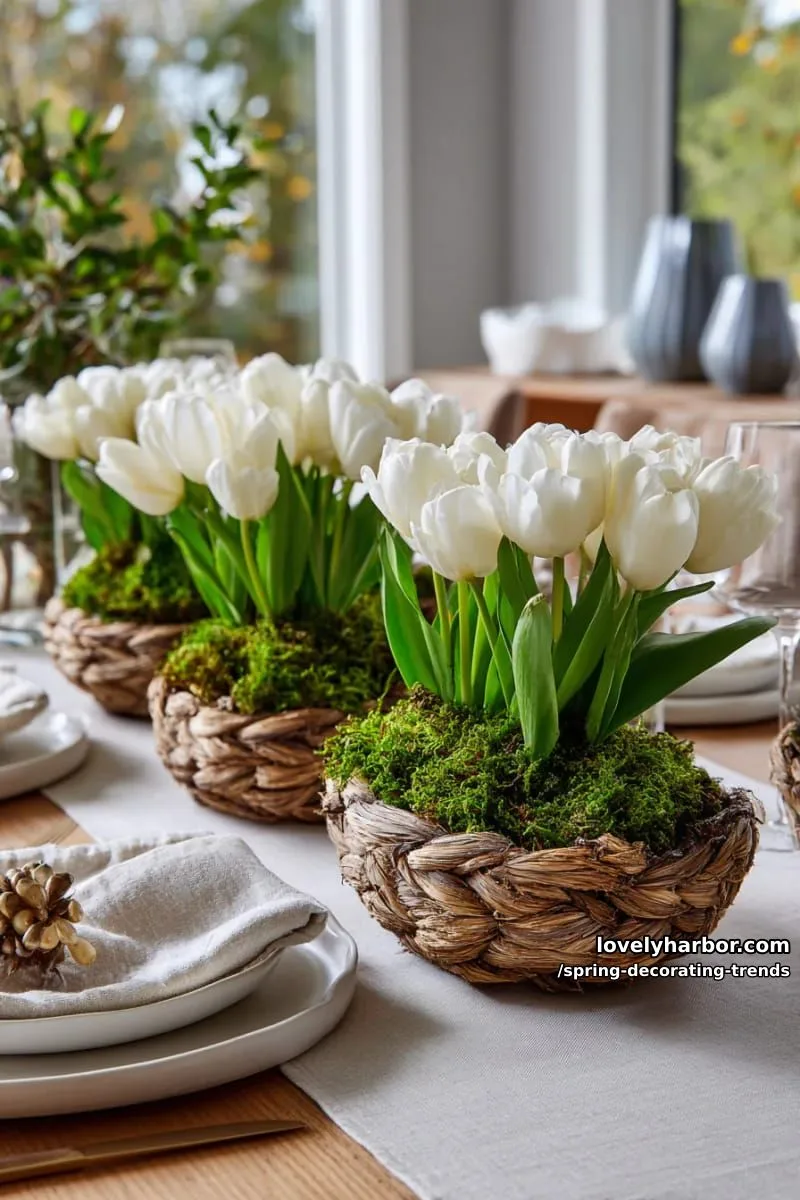 moss-filled baskets paired with white tulips on the dining table 1