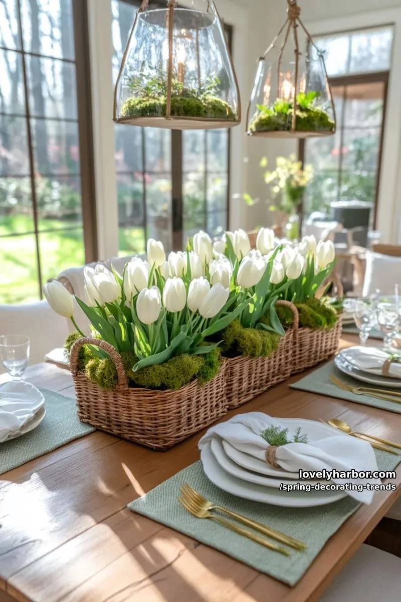 moss-filled baskets paired with white tulips on the dining table 1