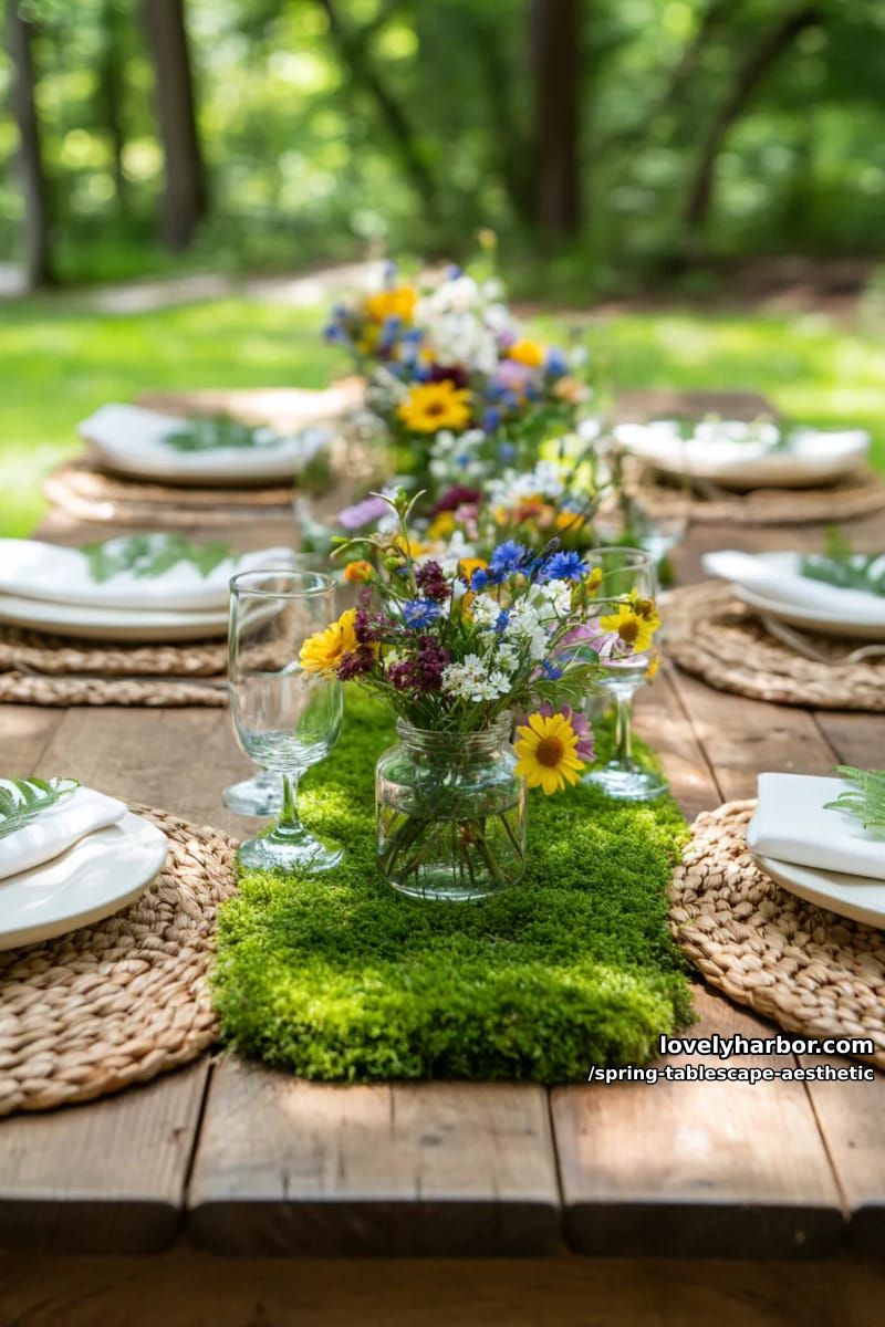 moss runner with bud vases and scattered wildflowers for a woodland vibe 1