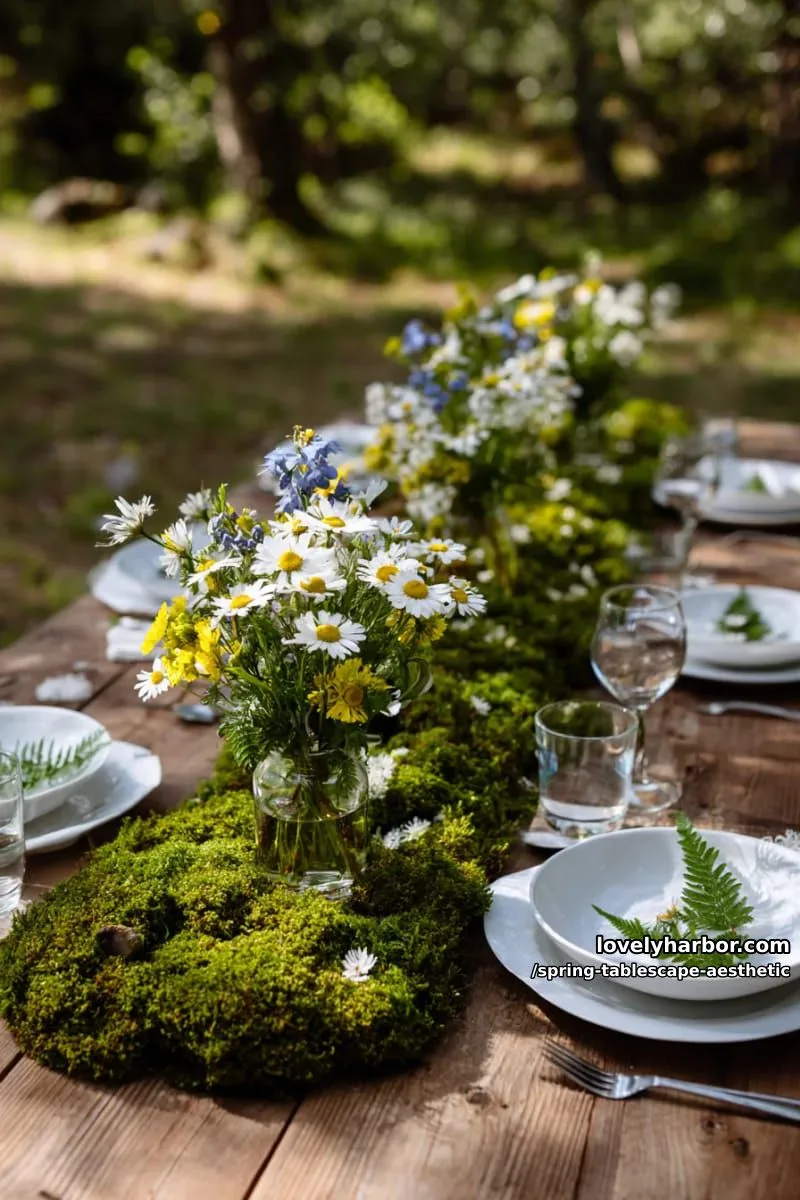 moss runner with bud vases and scattered wildflowers for a woodland vibe 1