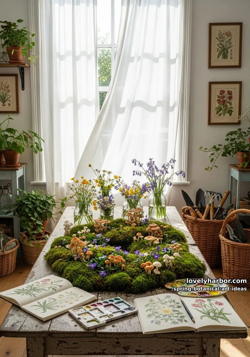 mossy woodland vignette with miniature mushrooms and wild violets 1
