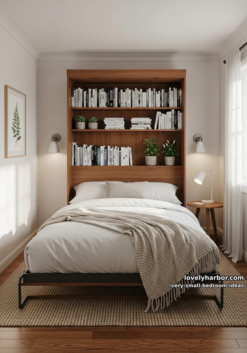 murphy bed with built-in bookshelf and warm wood tones 1