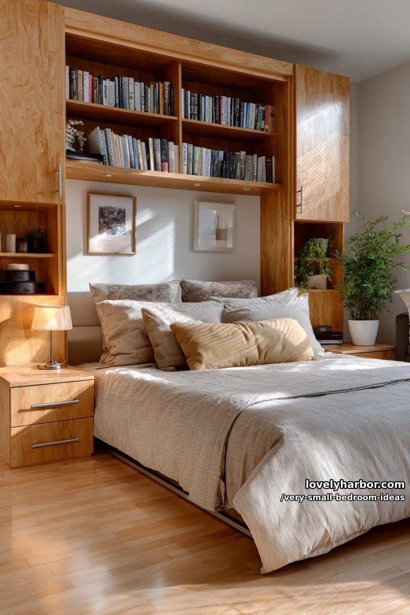 murphy bed with built-in bookshelf and warm wood tones 1