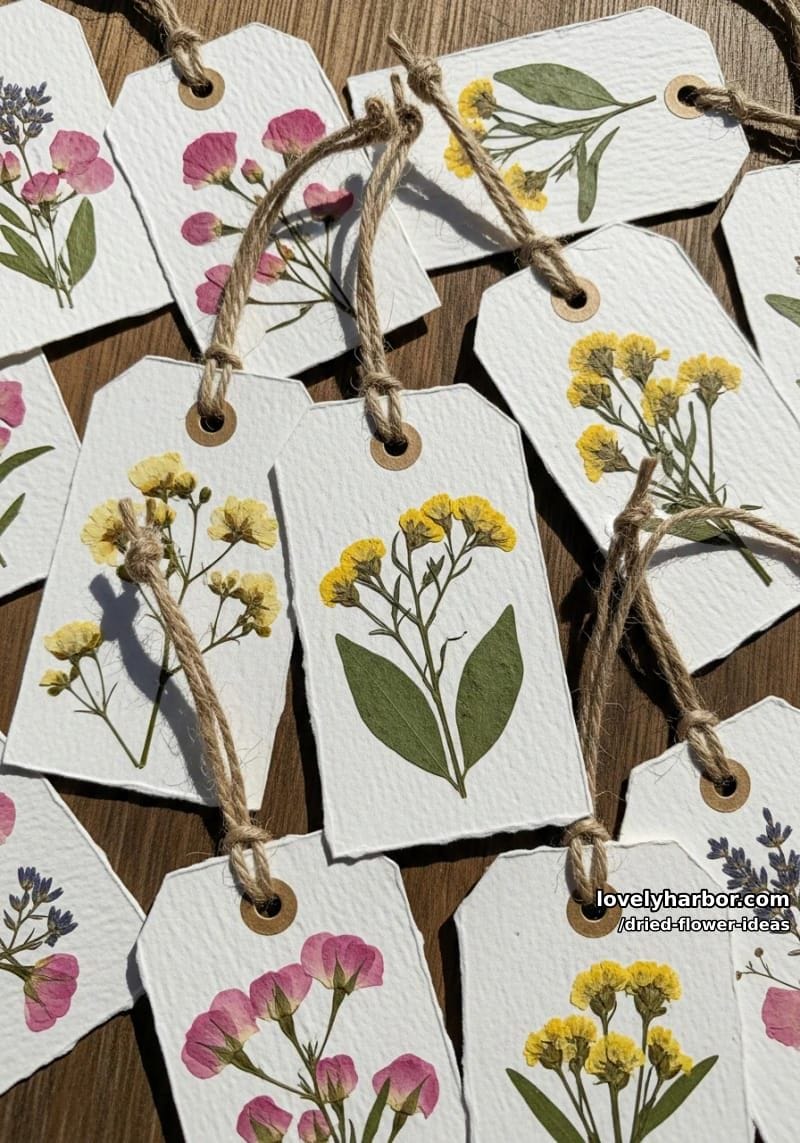 nature-inspired dried flower gift tags adorned with tiny pressed buds 1
