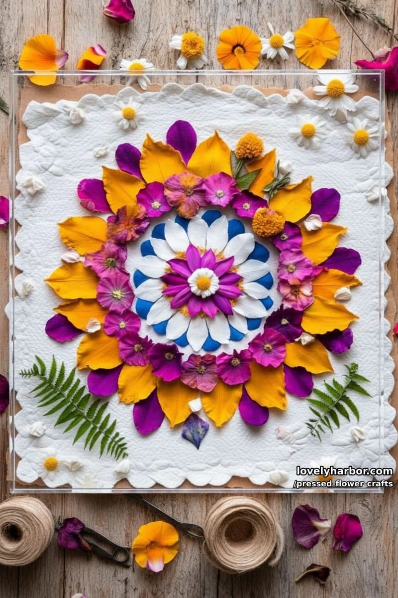 nature-inspired mandala art using colorful pressed flower petals in circular patterns 1
