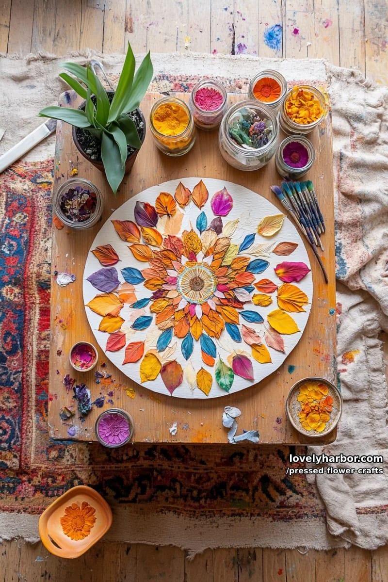 nature-inspired mandala art using colorful pressed flower petals in circular patterns 1