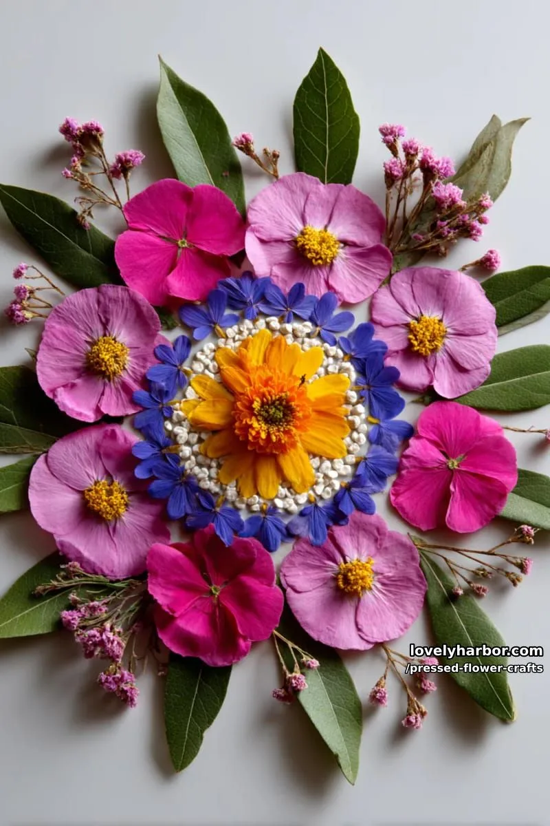 nature-inspired mandala art using colorful pressed flower petals in circular patterns 1