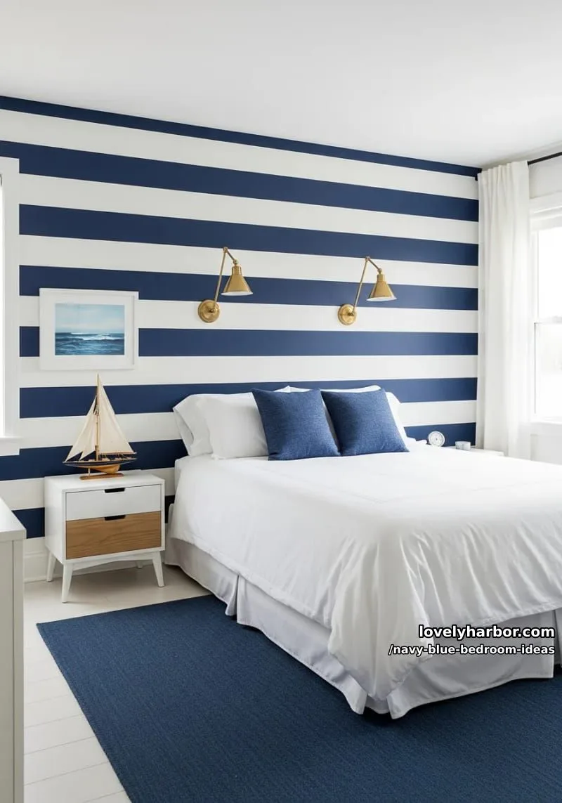 nautical navy blue stripes on one wall with brass sconce lighting 1