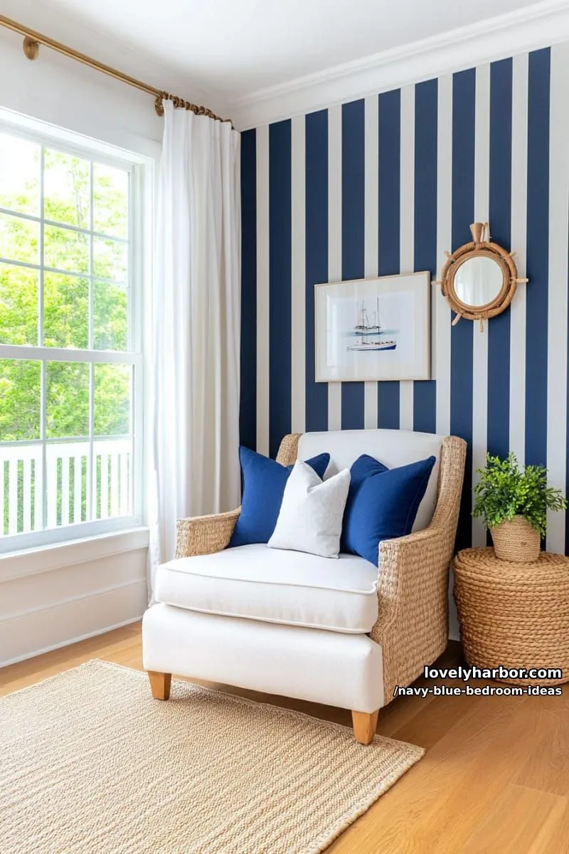 nautical navy blue stripes on one wall with brass sconce lighting 1