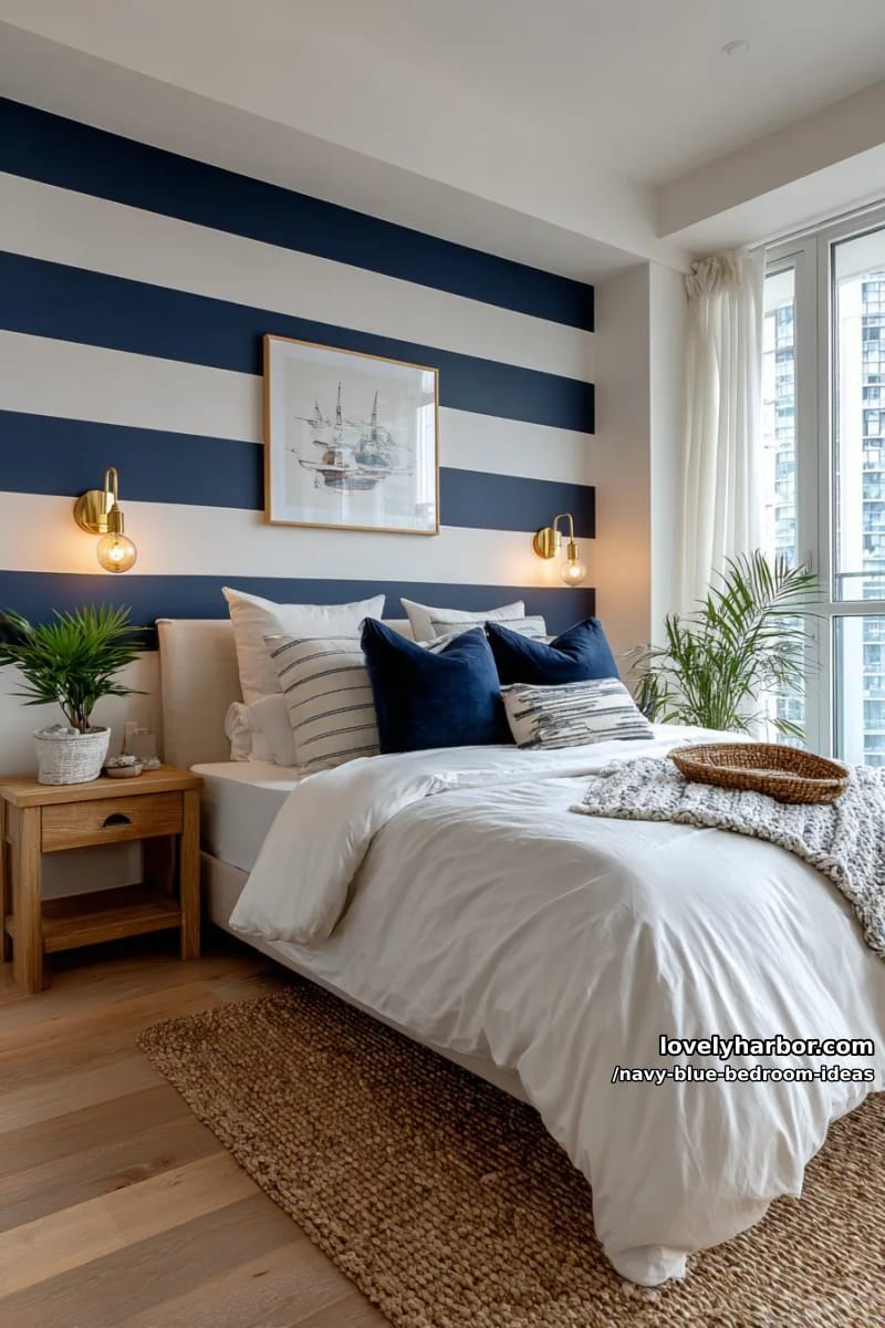 nautical navy blue stripes on one wall with brass sconce lighting 1