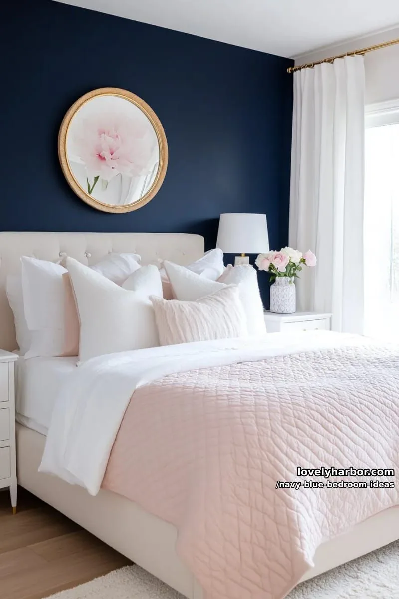 navy blue accent wall paired with blush pink bedding and white accessories 1