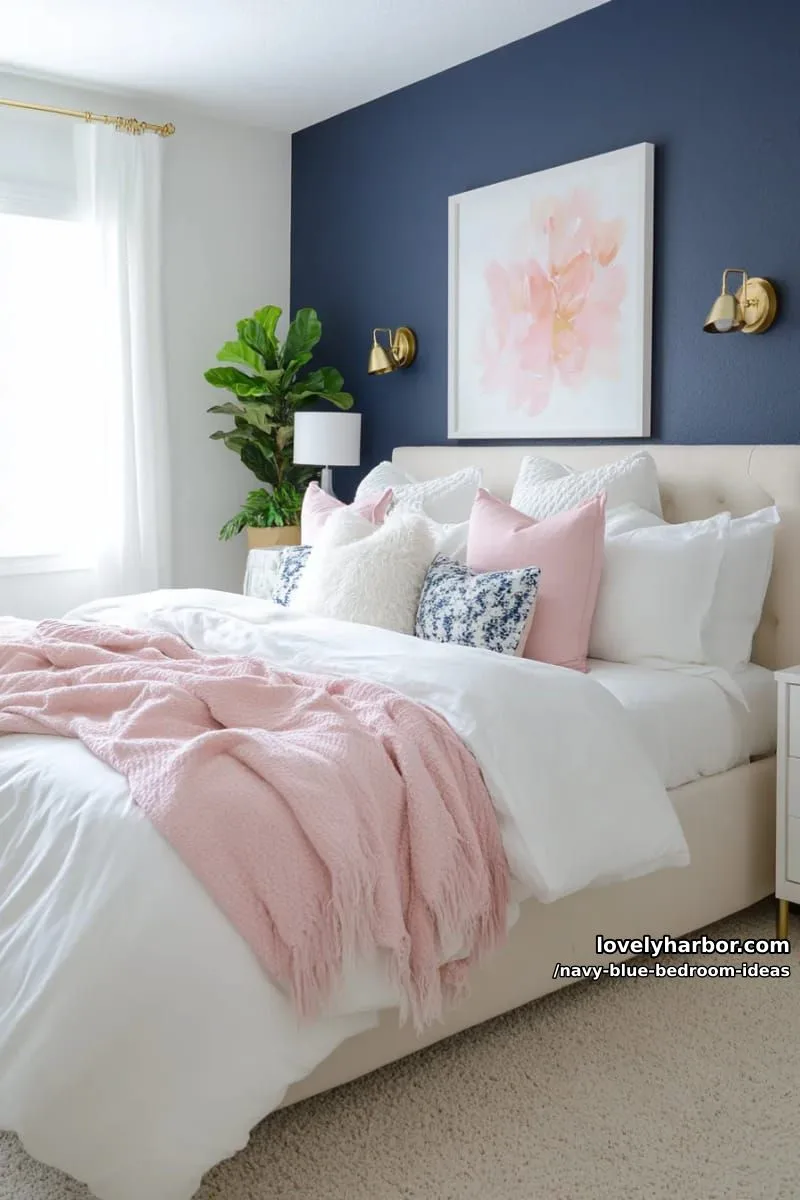 navy blue accent wall paired with blush pink bedding and white accessories 1