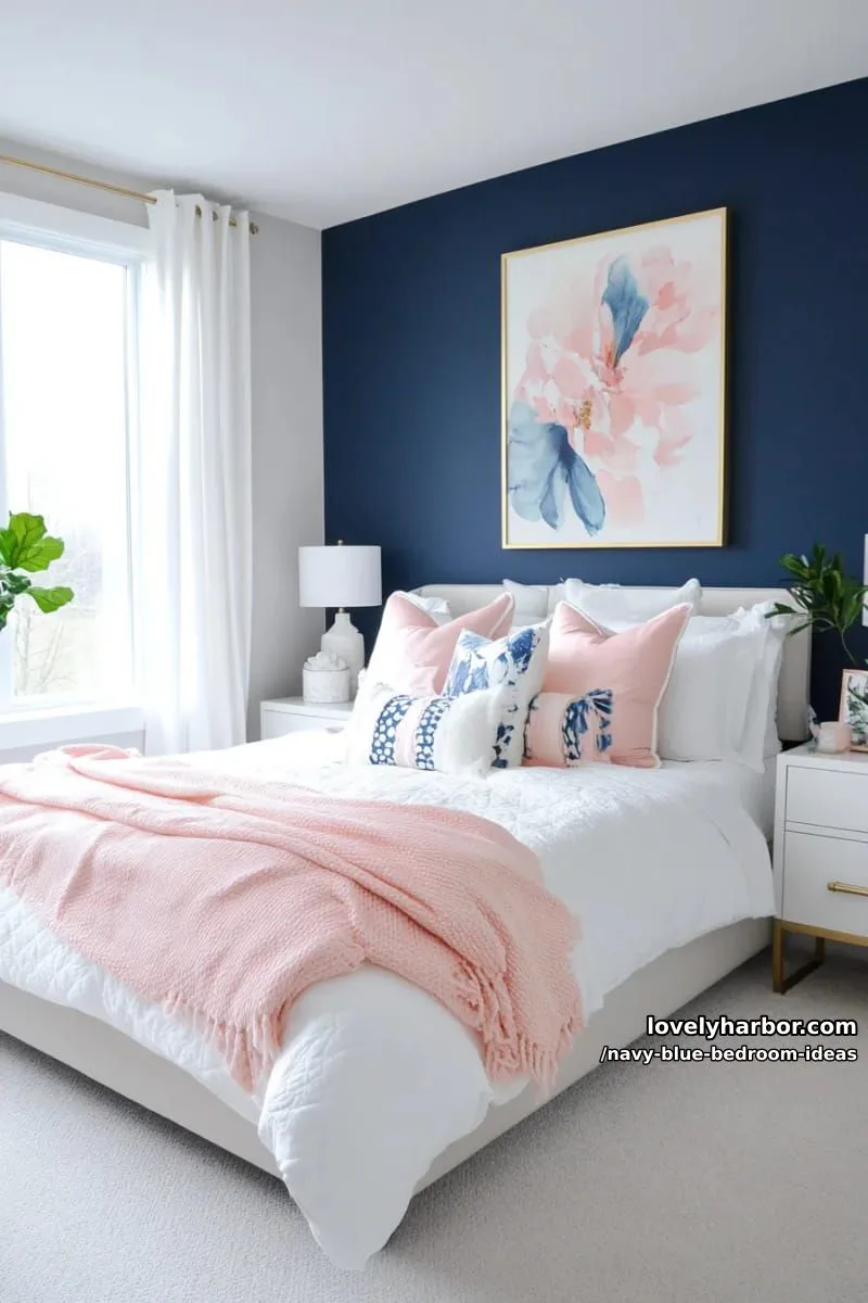 navy blue accent wall paired with blush pink bedding and white accessories 1