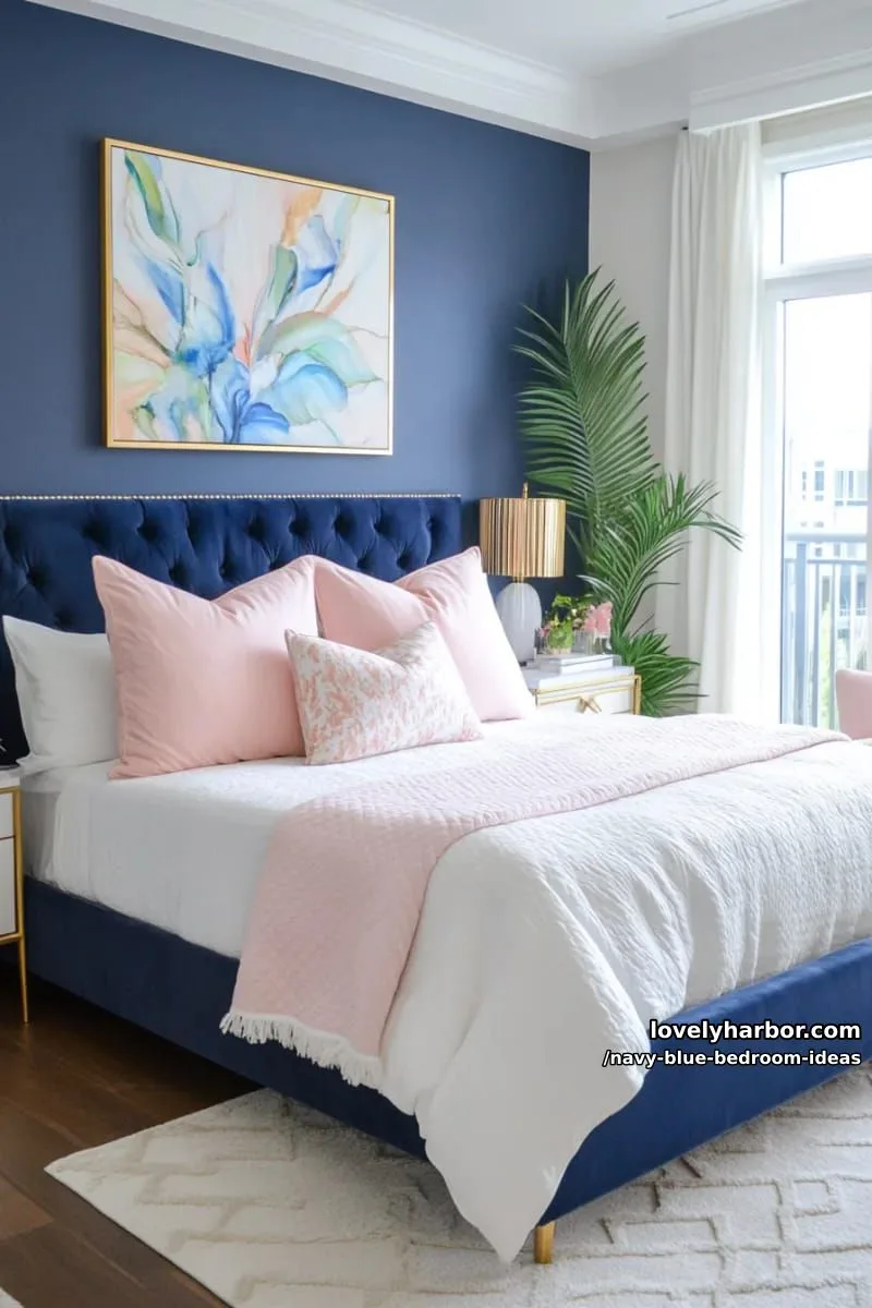 navy blue and blush pink color palette for a chic, soft glam bedroom 1