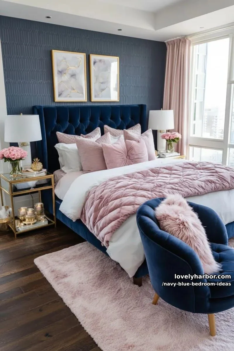 navy blue and blush pink color palette for a chic, soft glam bedroom 1