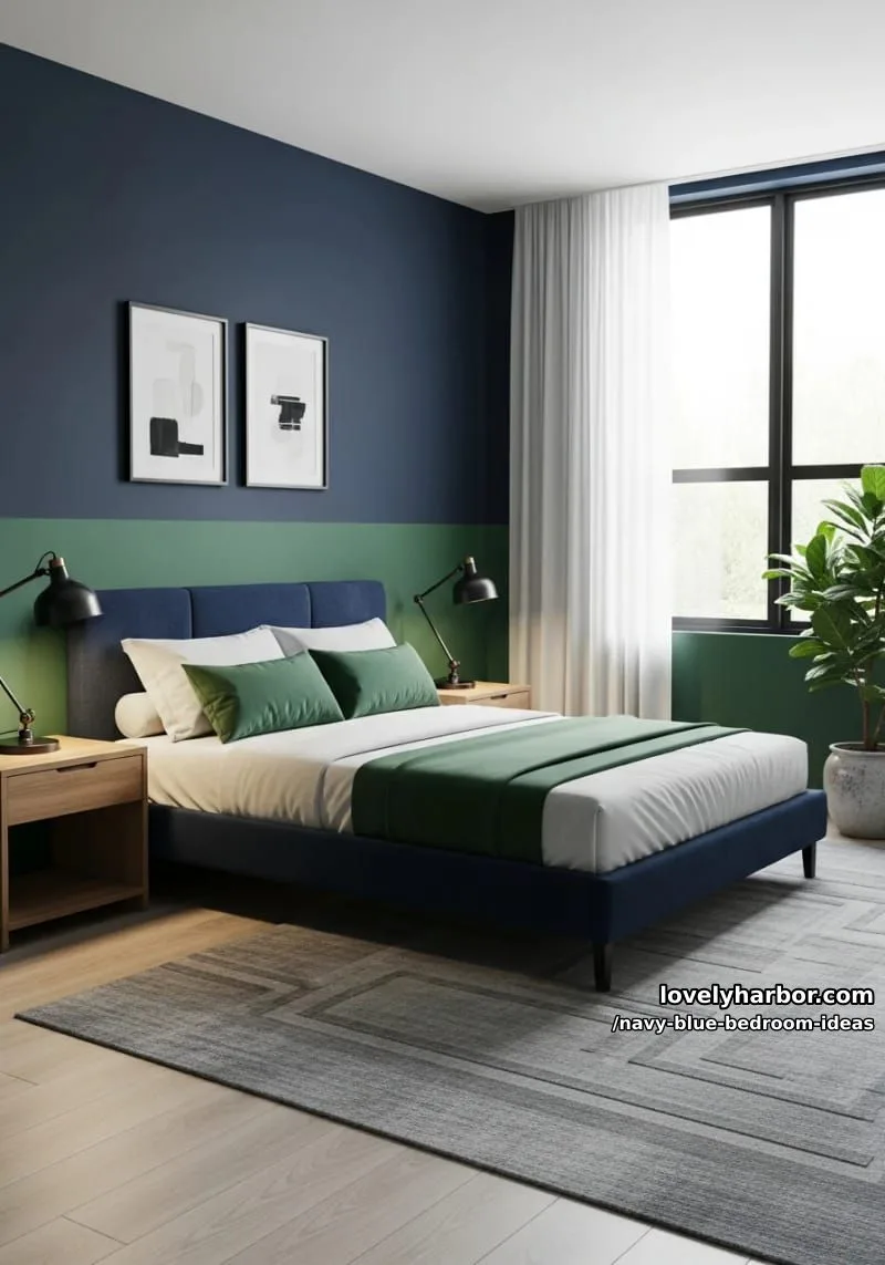 navy blue and deep green color-blocked walls for dramatic contrast 1