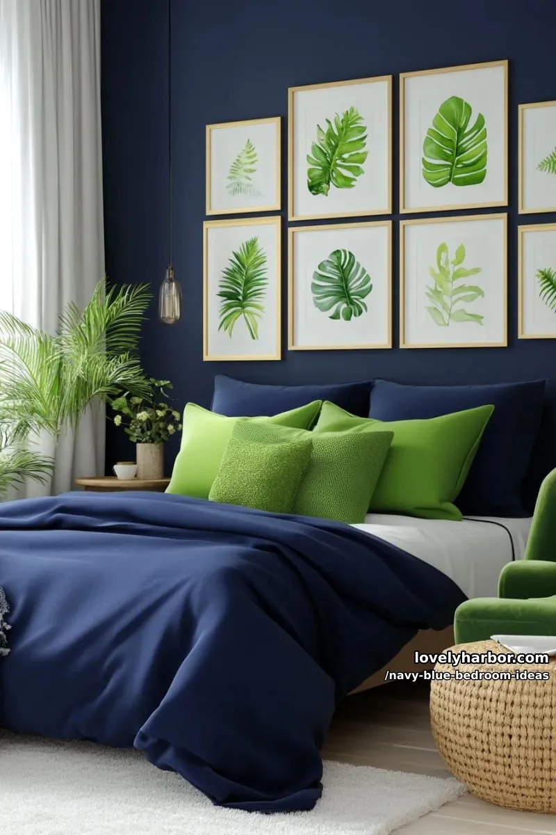 navy blue bedding layered with sage green pillows and botanical wall prints 1