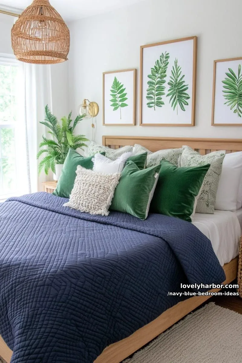 navy blue bedding layered with sage green pillows and botanical wall prints 1