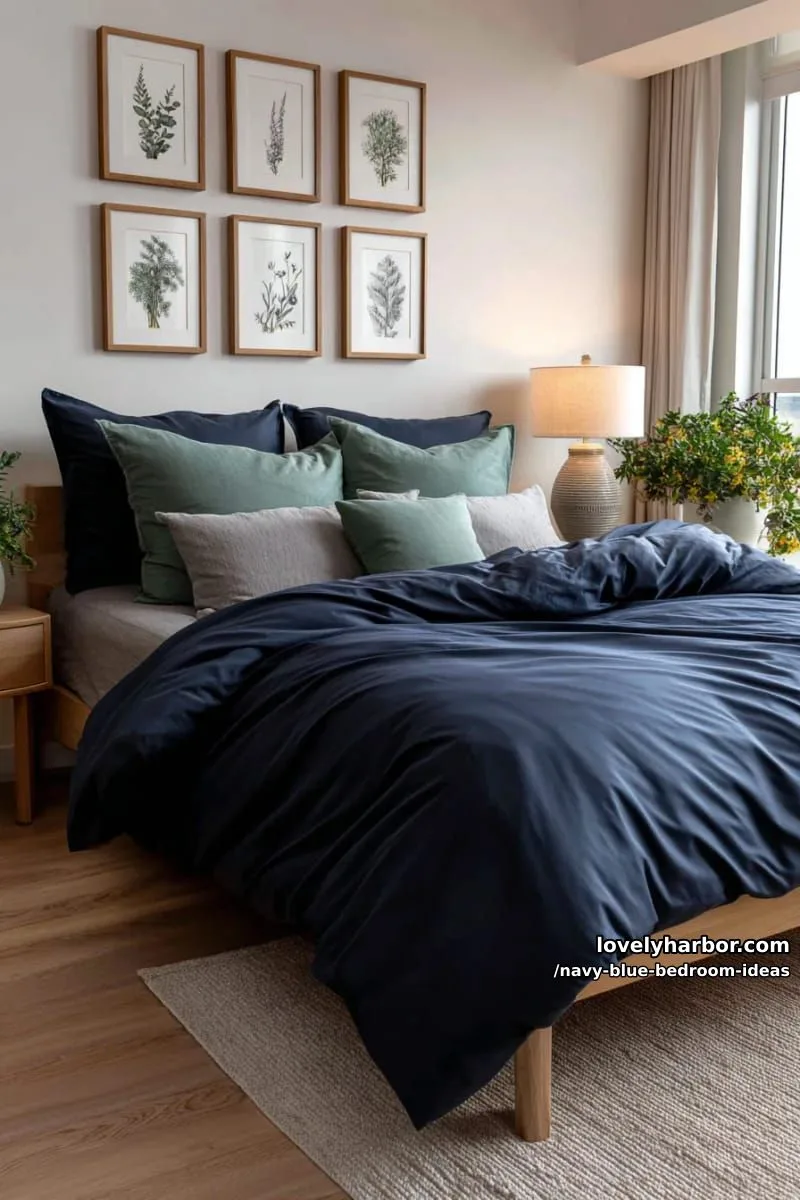 navy blue bedding layered with sage green pillows and botanical wall prints 1