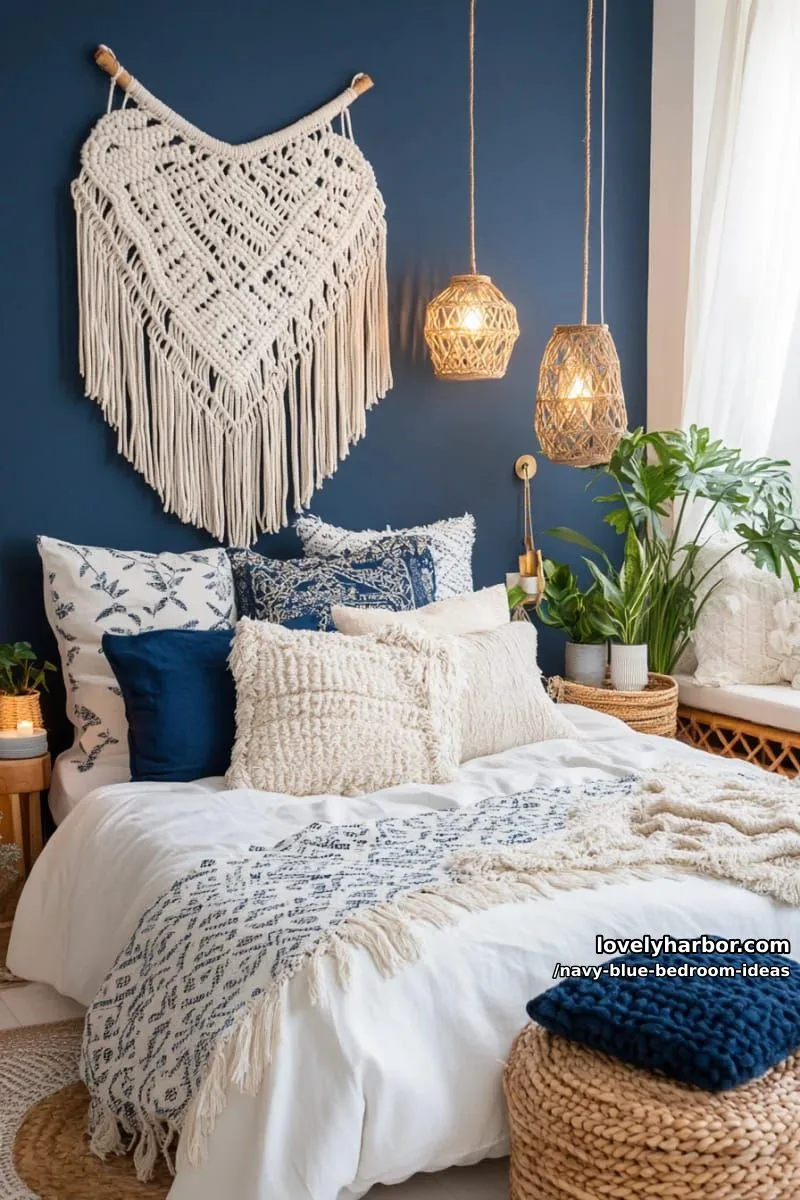 navy blue boho bedroom with macramé wall hangings and layered patterns 1